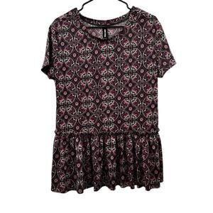 Agnes & Dora Geometric Paisley Short Sleeve Relaxed Ruffle‎ Tee Top Size L